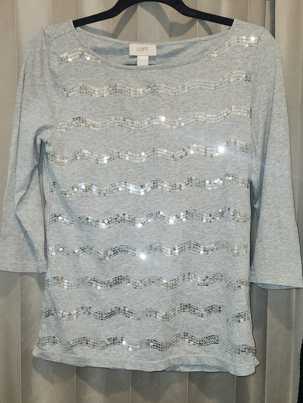 LOFT Light Gray Sequin Wave 3/4 Sleeve Top